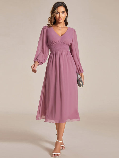 Chiffon Wedding Guest Dress with Knee Length and Long Sleeves