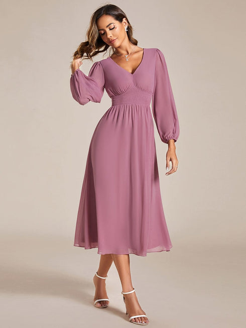 Chiffon Wedding Guest Dress with Knee Length and Long Sleeves