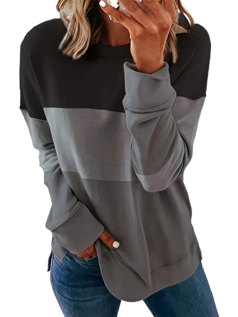 Color Block Crew Neck Long Sleeve Loose Pullover Hoodie