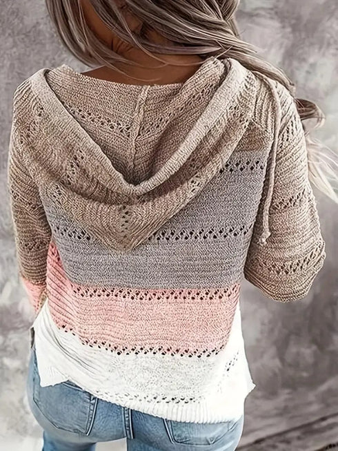 Color Block Drawstring Long Sleeve Hooded Knit Sweater