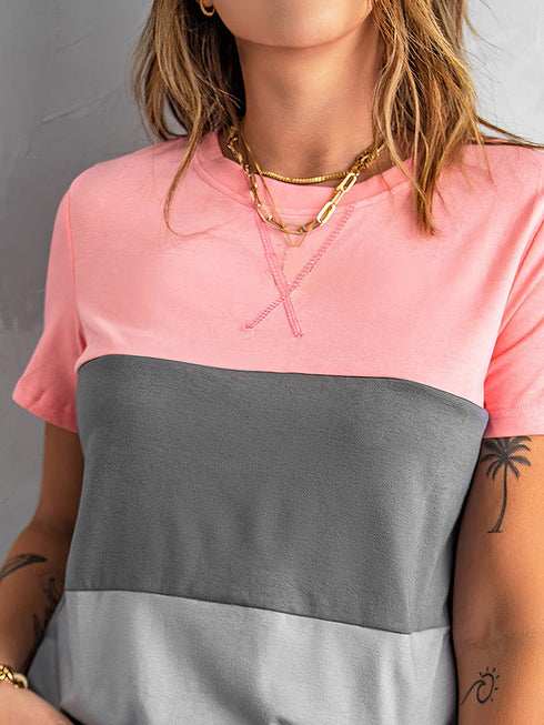Color Matching Loose Versatile Round Neck T-Shirt
