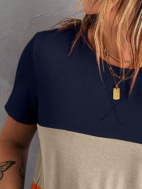Color Matching Loose Versatile Round Neck T-Shirt