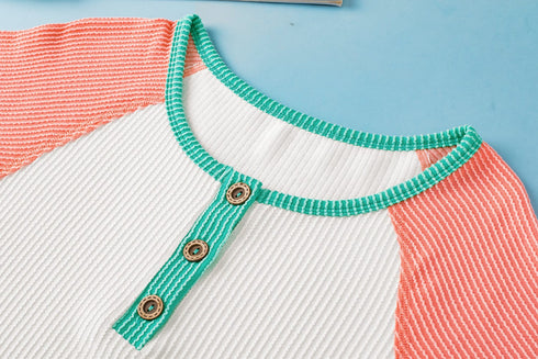 Colorblock Raglan Sleeve Textured White Henley T-shirt