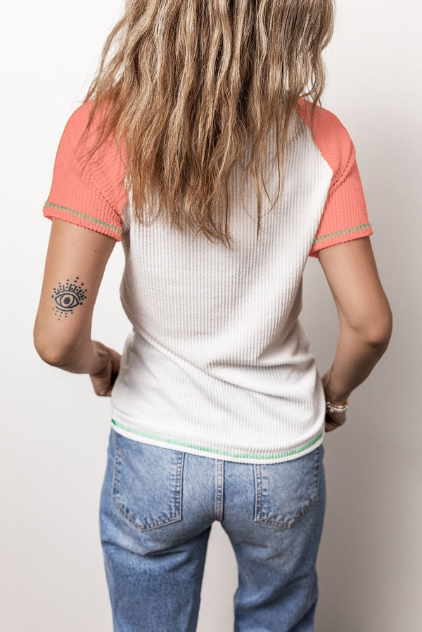 Colorblock Raglan Sleeve Textured White Henley T-shirt