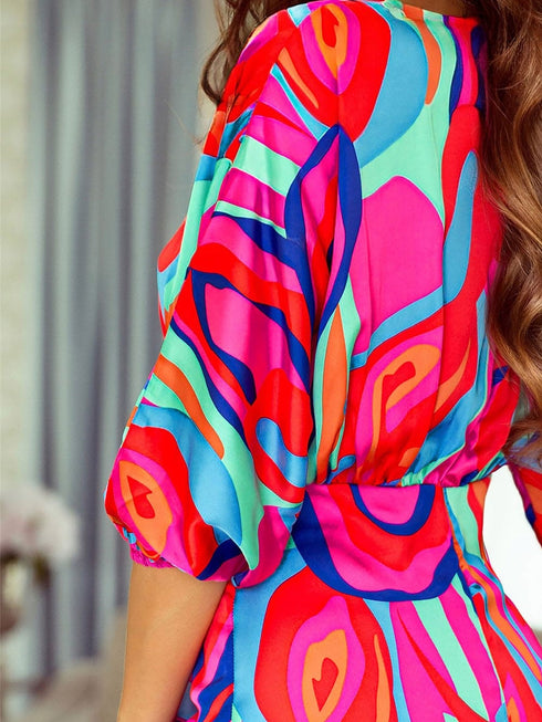Colorful Abstract Print V-Neck Dolman Sleeve Mini Dress with Ruffle Detail