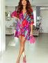 Colorful Abstract Print V-Neck Dolman Sleeve Mini Dress with Ruffle Detail