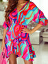 Colorful Abstract Print V-Neck Dolman Sleeve Mini Dress with Ruffle Detail