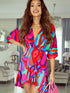 Colorful Abstract Print V-Neck Dolman Sleeve Mini Dress with Ruffle Detail