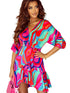 Colorful Abstract Print V-Neck Dolman Sleeve Mini Dress with Ruffle Detail