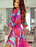 Colorful Abstract Print V-Neck Dolman Sleeve Mini Dress with Ruffle Detail