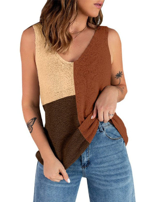 Colorful Sleeveless V-Neck Knitted Vest with Contrast Stitching for Women