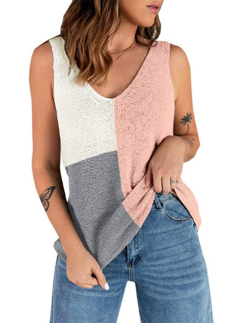 Colorful Sleeveless V-Neck Knitted Vest with Contrast Stitching for Women