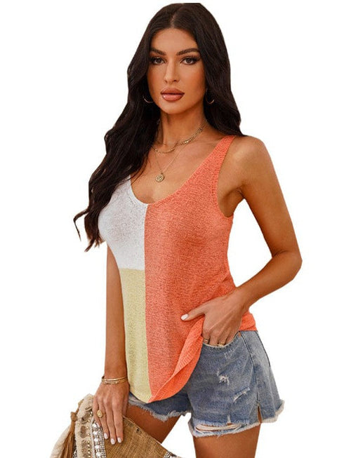 Colorful Sleeveless V-Neck Knitted Vest with Contrast Stitching for Women
