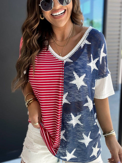 Colorful Striped Stars Print Short Sleeve Knit Top