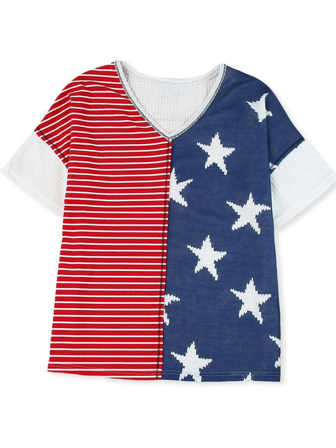 Colorful Striped Stars Print Short Sleeve Knit Top