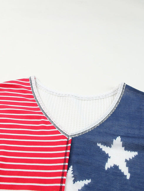 Colorful Striped Stars Print Short Sleeve Knit Top