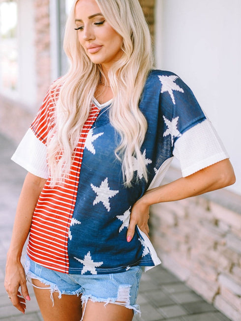 Colorful Striped Stars Print Short Sleeve Knit Top