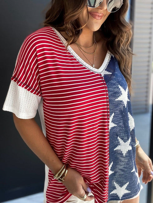 Colorful Striped Stars Print Short Sleeve Knit Top