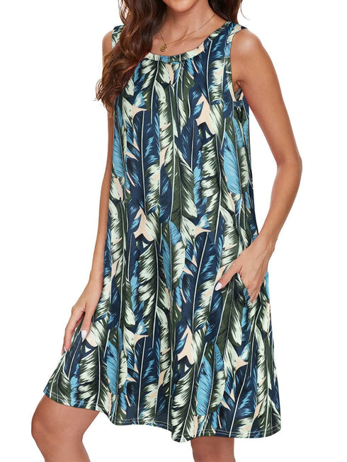 Comfortable Floral Print And Pockets Loose Fit Sleeveless Mini Dress - A-Line - Jewel