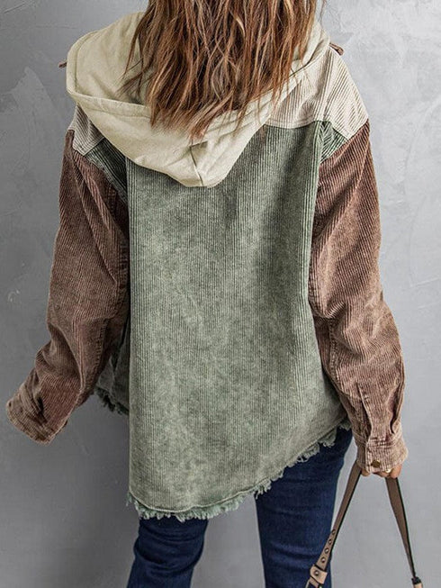 Contrast Stitched Corduroy Hooded Jacket for Women