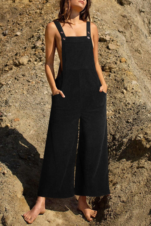 Corduroy Black Wide Leg Overalls with Adjustable Straps