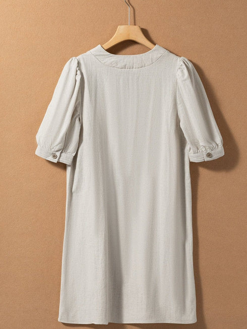 Cotton Linen Temperament Round Neck Long Sleeve Mini Dress