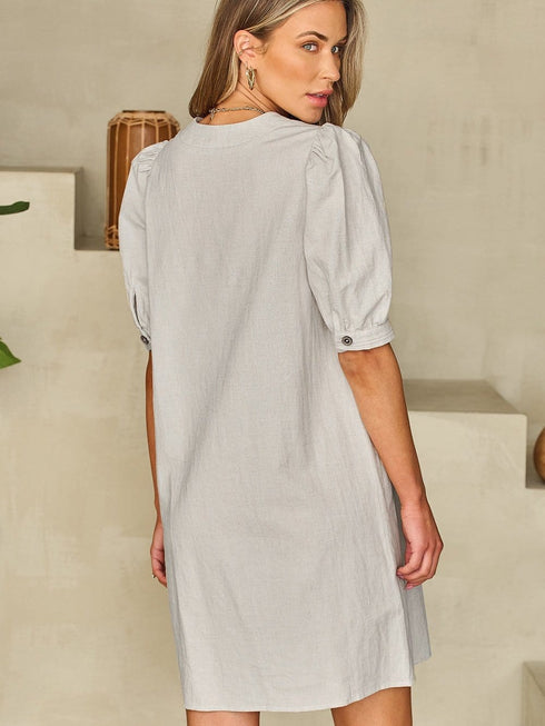 Cotton Linen Temperament Round Neck Long Sleeve Mini Dress