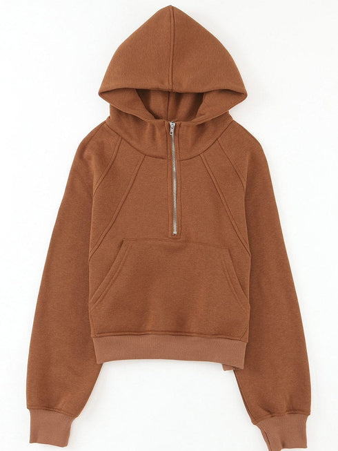 Cozy Brown Hoodie with Kangaroo Pocket and Quarter Zip