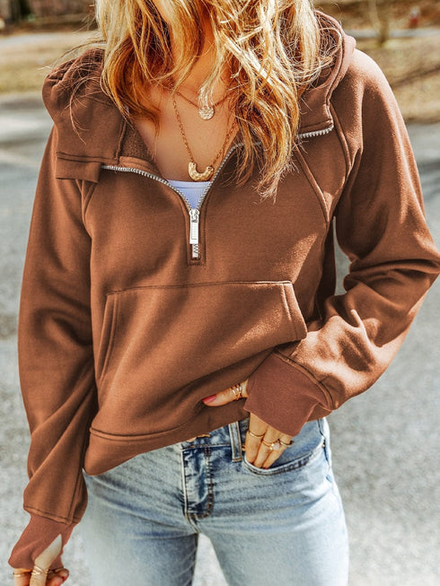 Cozy Brown Hoodie with Kangaroo Pocket and Quarter Zip