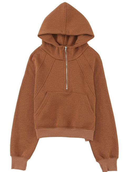 Cozy Brown Hoodie with Kangaroo Pocket and Quarter Zip