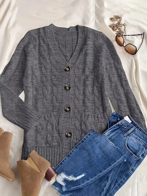 Cozy Cable Knit Button-Front Long Sleeve Cardigan