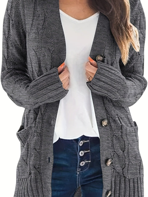 Cozy Cable Knit Button-Front Long Sleeve Cardigan