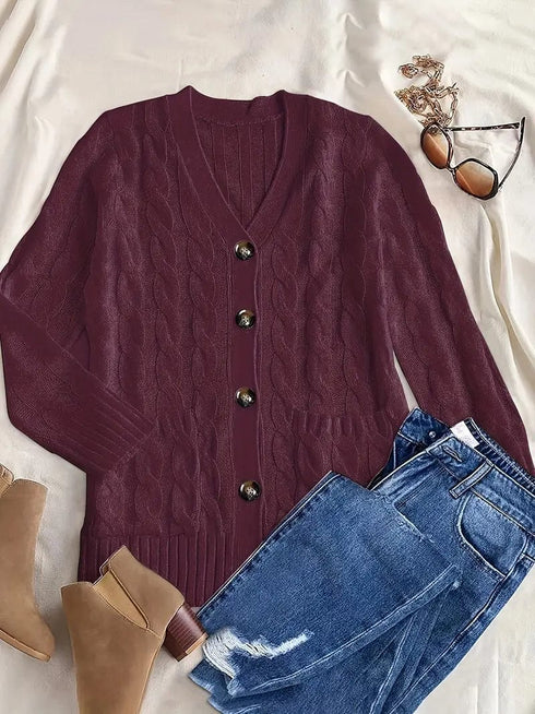 Cozy Cable Knit Button-Front Long Sleeve Cardigan