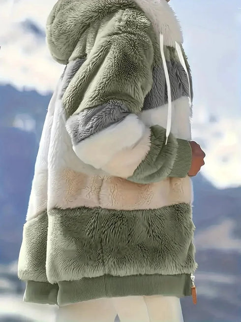 Cozy Colorful Jacket with Hood, Stylish Zippered Drawstring Outerwear for Women