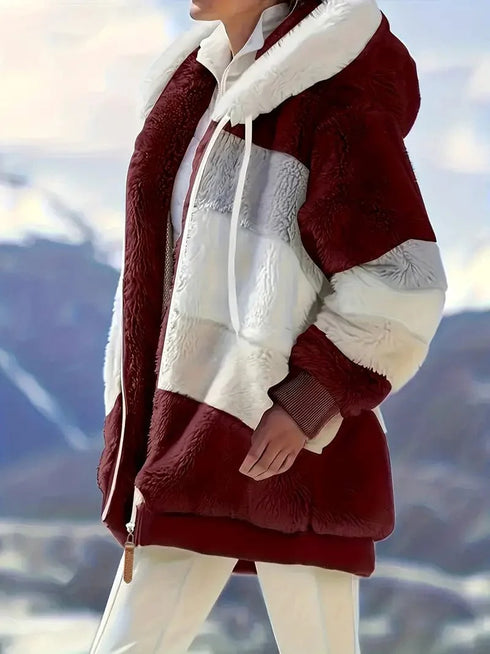 Cozy Colorful Jacket with Hood, Stylish Zippered Drawstring Outerwear for Women