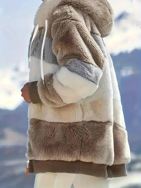 Cozy Colorful Jacket with Hood, Stylish Zippered Drawstring Outerwear for Women