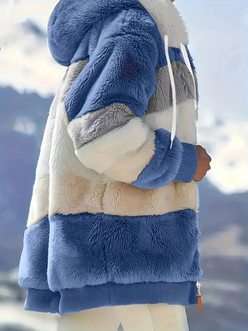 Cozy Colorful Jacket with Hood, Stylish Zippered Drawstring Outerwear for Women