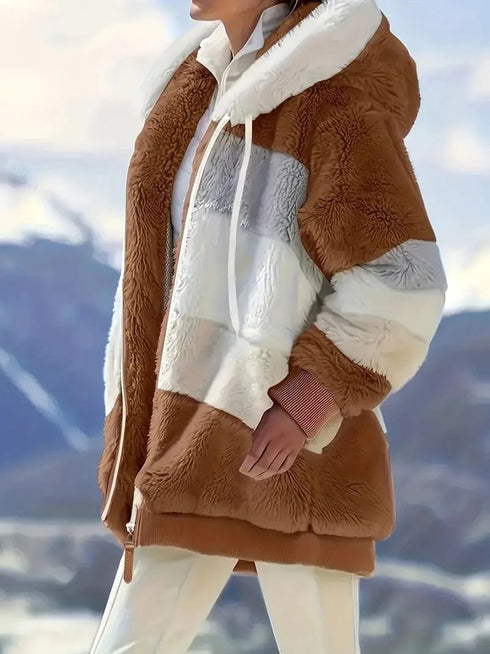 Cozy Colorful Jacket with Hood, Stylish Zippered Drawstring Outerwear for Women