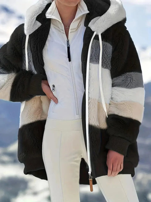 Cozy Colorful Jacket with Hood, Stylish Zippered Drawstring Outerwear for Women
