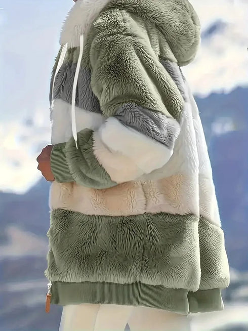 Cozy Colorful Jacket with Hood, Stylish Zippered Drawstring Outerwear for Women