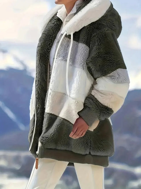 Cozy Colorful Jacket with Hood, Stylish Zippered Drawstring Outerwear for Women