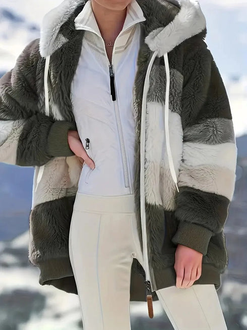 Cozy Colorful Jacket with Hood, Stylish Zippered Drawstring Outerwear for Women