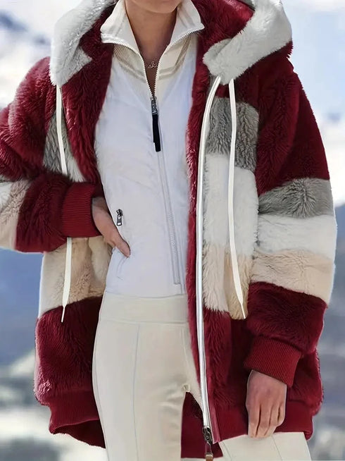 Cozy Colorful Jacket with Hood, Stylish Zippered Drawstring Outerwear for Women
