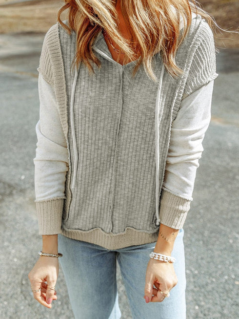 Cozy Gray Patchwork Hooded Knit Sweater