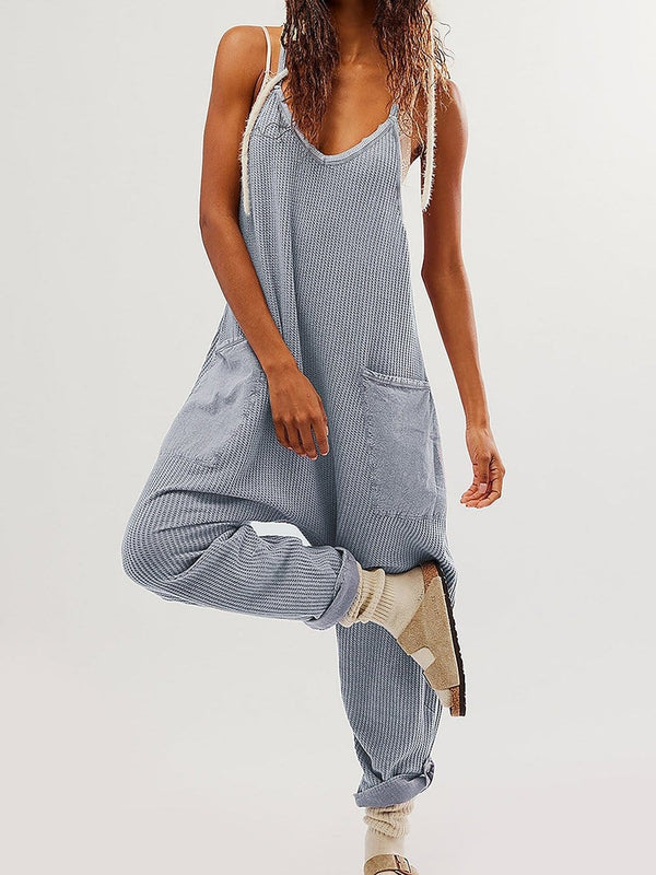 Cozy Gray Ribbed Waffle Knit Spaghetti Strap Jumpsuit