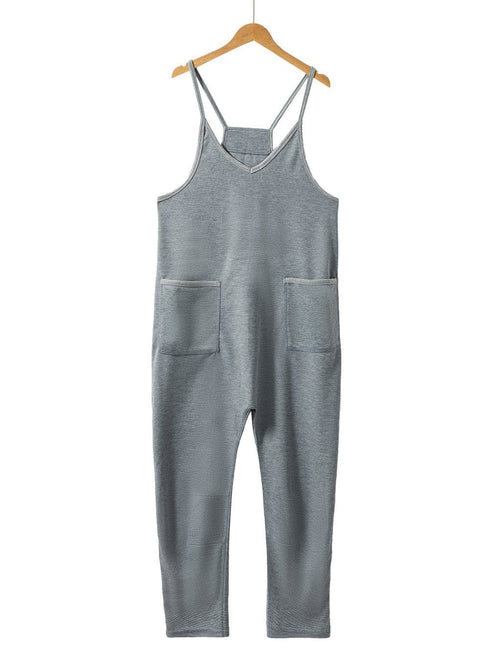 Cozy Gray Ribbed Waffle Knit Spaghetti Strap Jumpsuit