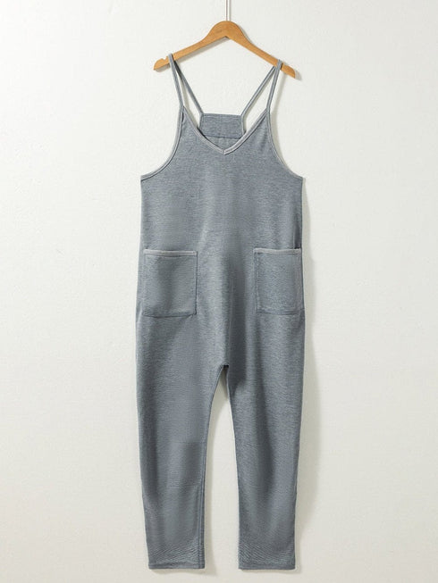 Cozy Gray Ribbed Waffle Knit Spaghetti Strap Jumpsuit