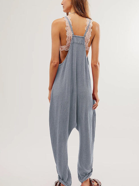 Cozy Gray Ribbed Waffle Knit Spaghetti Strap Jumpsuit