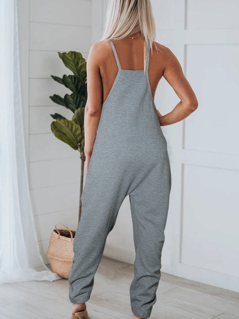 Cozy Gray Ribbed Waffle Knit Spaghetti Strap Jumpsuit