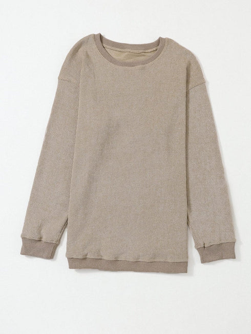 Cozy Khaki Ribbed Knit Pullover Sweatshirt with Round Neck